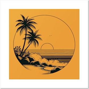 Sunset Beach Vibes Black Work Minimalist Posters and Art